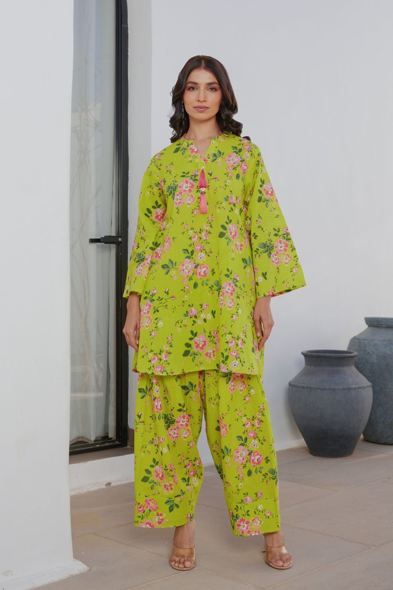 Yellow Floral Farsi Salwar Coord Set - Tara - C - Tara