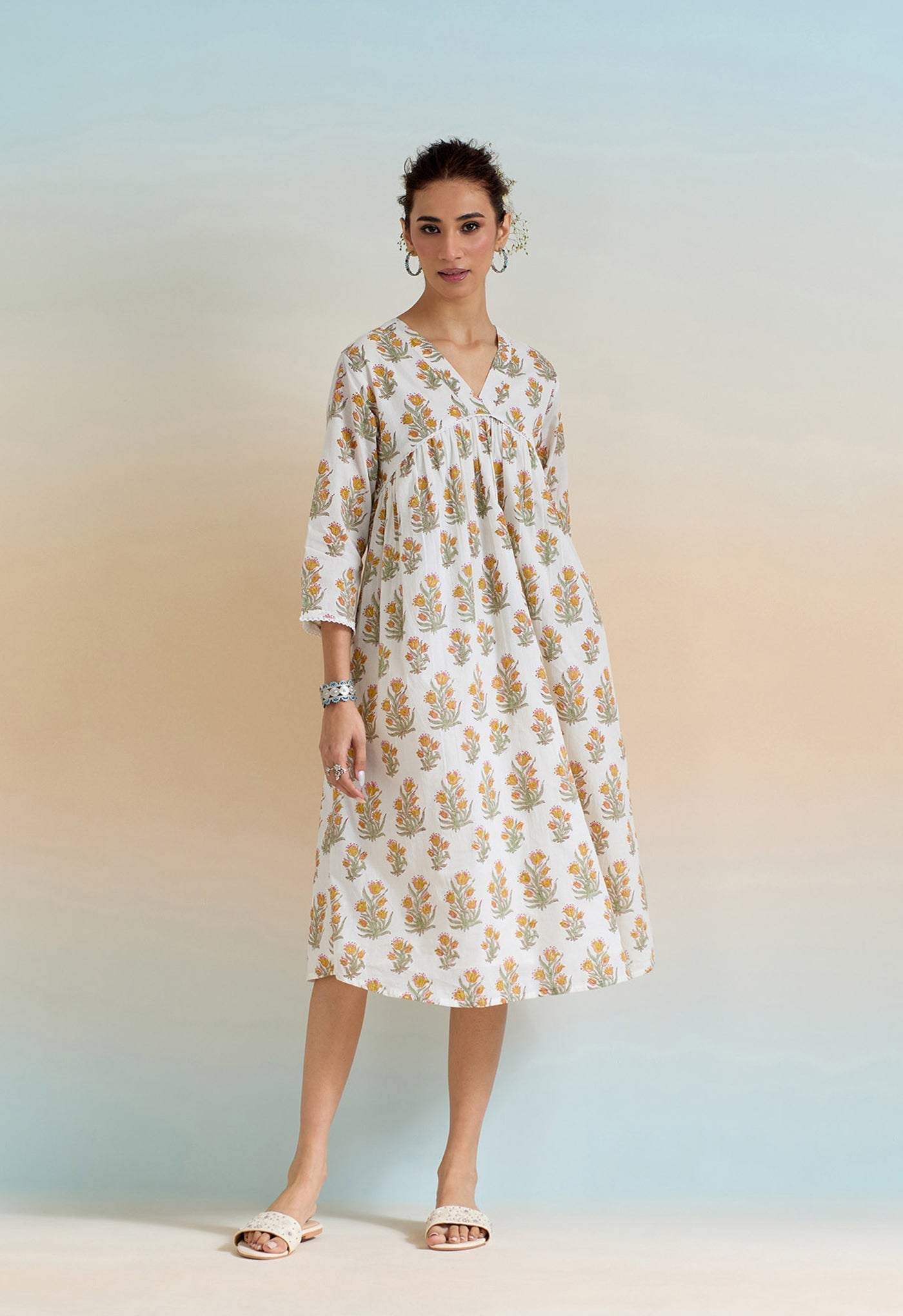 Yellow Floral hand block Buti printed tunic dress - Tara-C-Tara