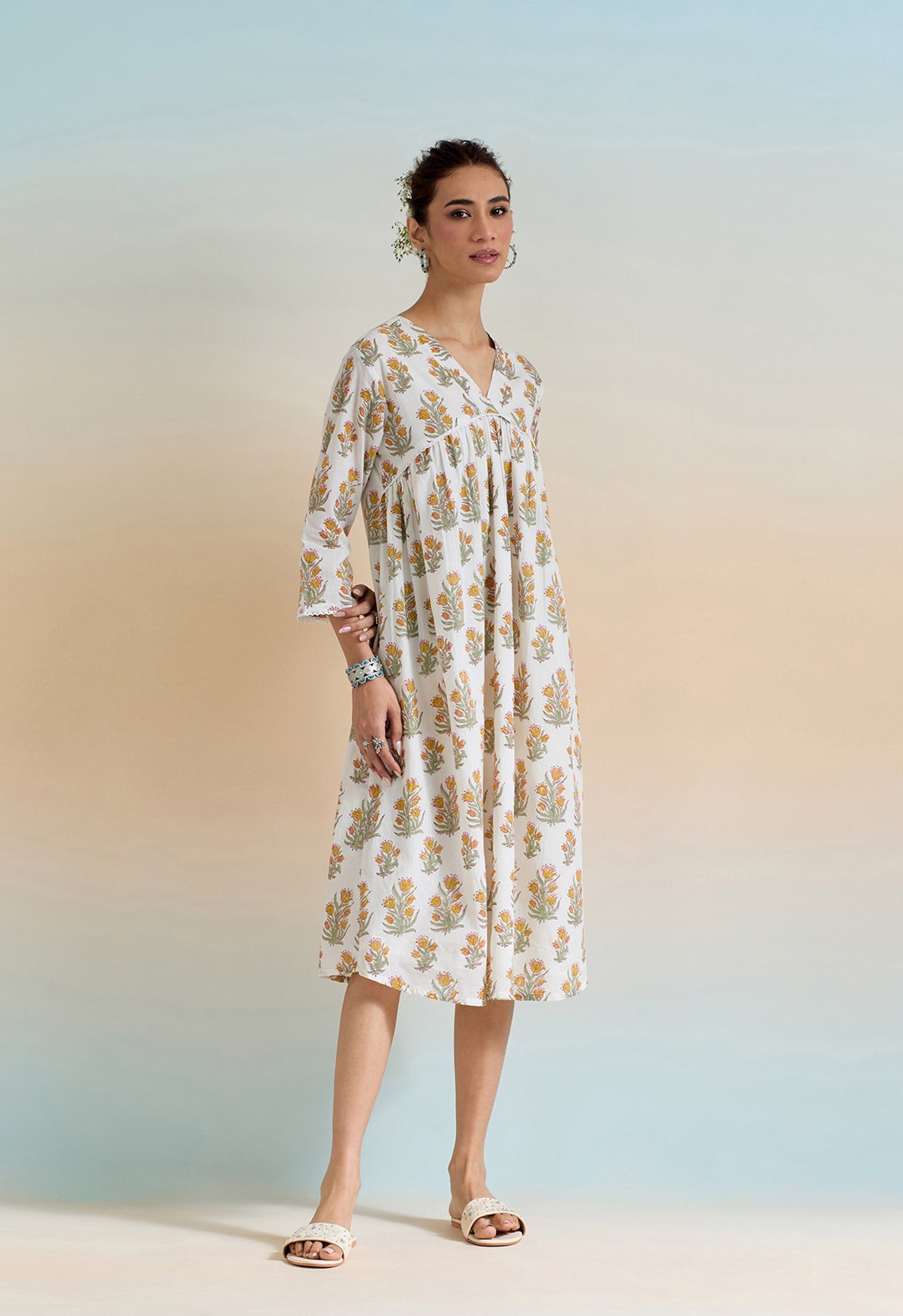 Yellow Floral hand block Buti printed tunic dress - Tara-C-Tara