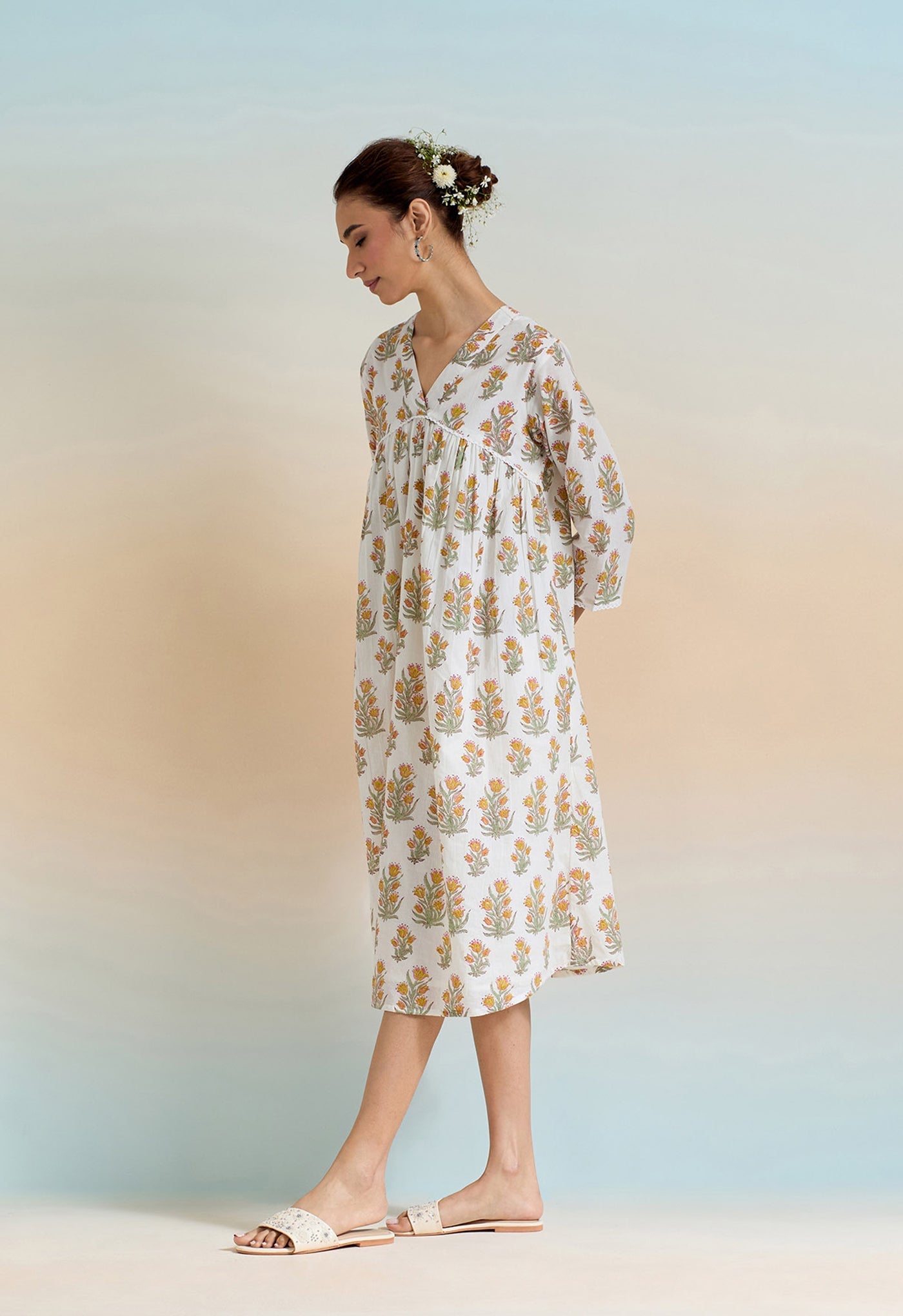 Yellow Floral hand block Buti printed tunic dress - Tara-C-Tara