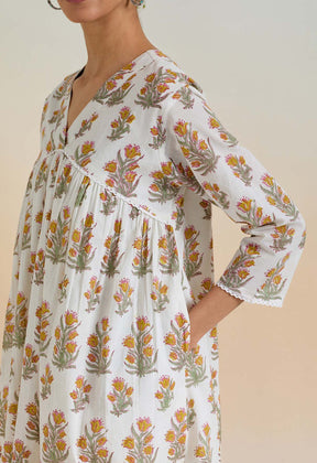 Yellow Floral hand block Buti printed tunic dress - Tara-C-Tara