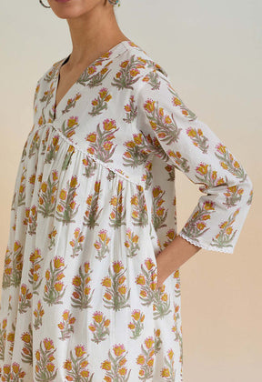 Yellow Floral hand block Buti printed tunic dress - Tara-C-Tara