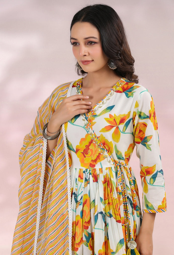 YELLOW FLORAL KURTA SET WITH DORIYA DUPATTA AND PANTS - Tara-C-Tara