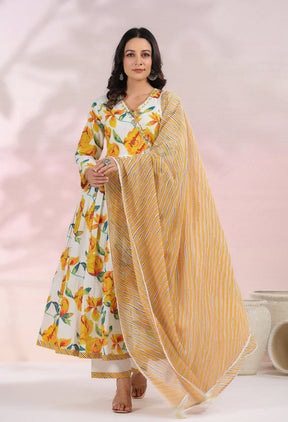 YELLOW FLORAL KURTA SET WITH DORIYA DUPATTA AND PANTS - Tara-C-Tara