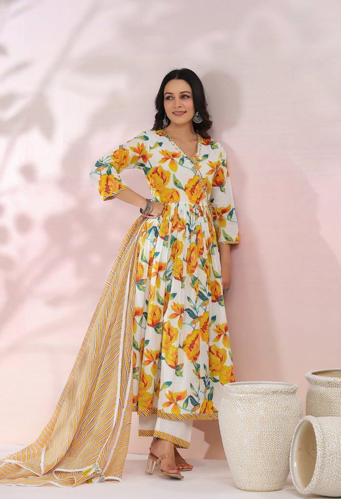 YELLOW FLORAL KURTA SET WITH DORIYA DUPATTA AND PANTS - Tara-C-Tara