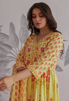 Yellow Floral Printed Anarkali Suit Set - Tara - C - Tara