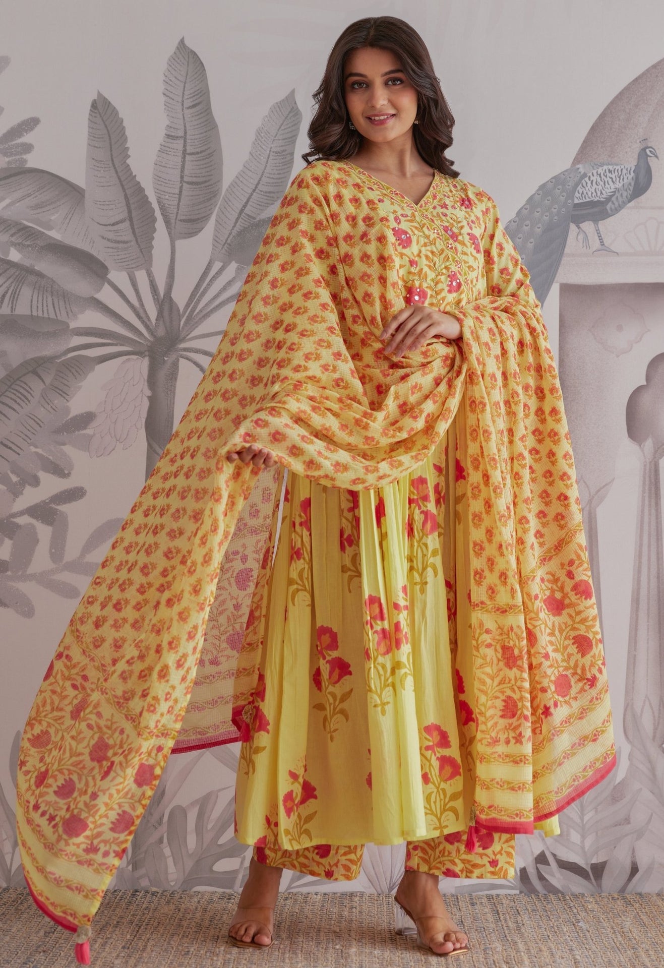 Yellow Floral Printed Anarkali Suit Set - Tara - C - Tara