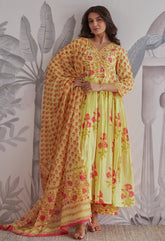 Yellow Floral Printed Anarkali Suit Set - Tara - C - Tara
