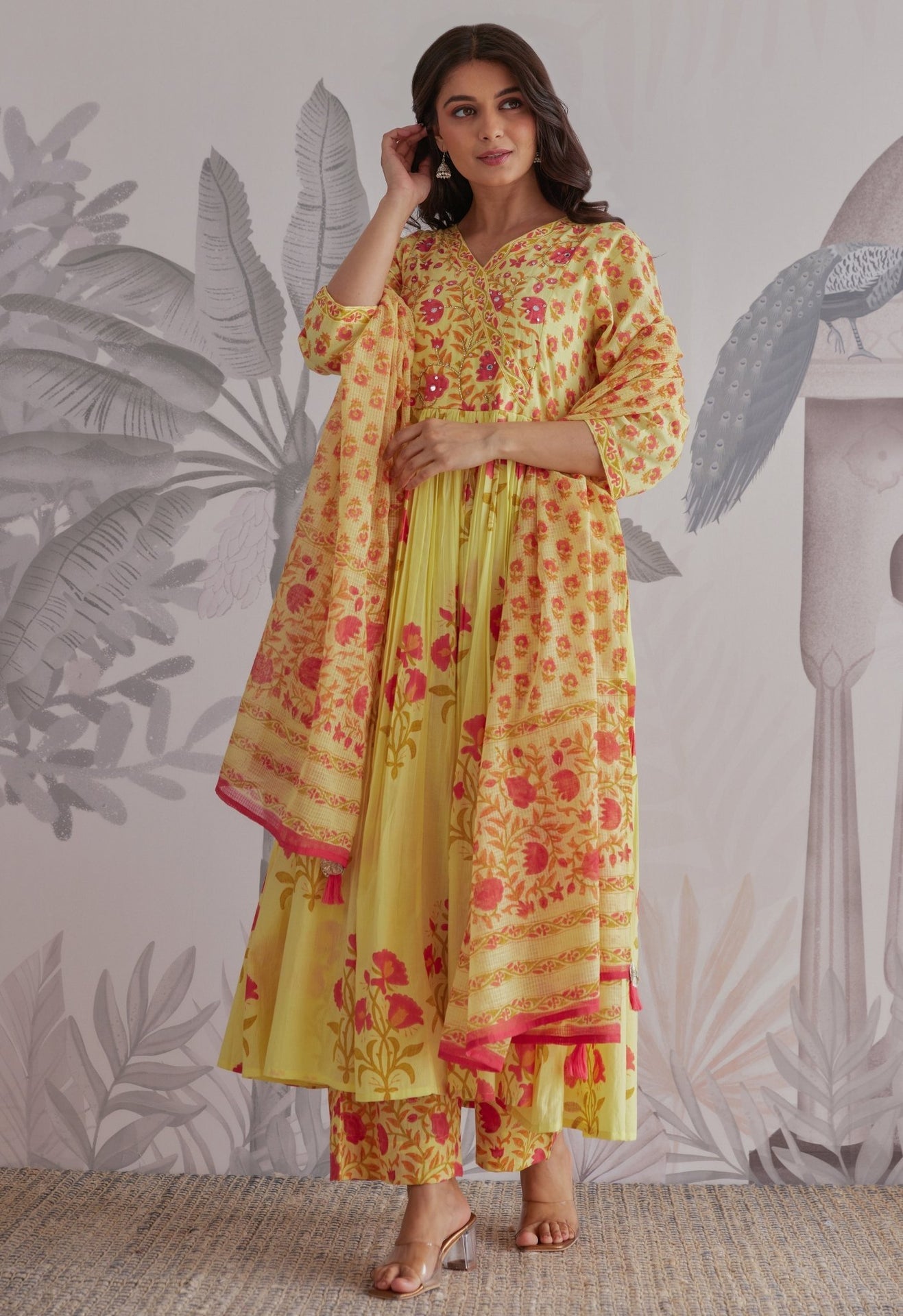 Yellow Floral Printed Anarkali Suit Set - Tara - C - Tara