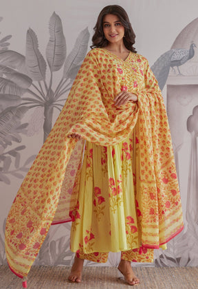 Yellow Floral Printed Anarkali Suit Set - Tara - C - Tara