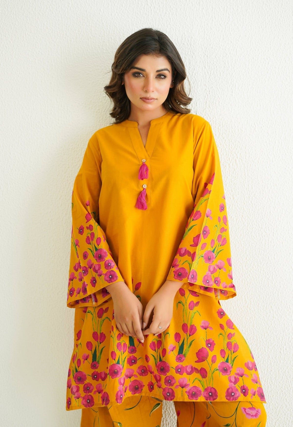 YELLOW FLORAL PRINTED CO - ORD SET WITH FARSI SALWAR PANTS - Tara - C - Tara