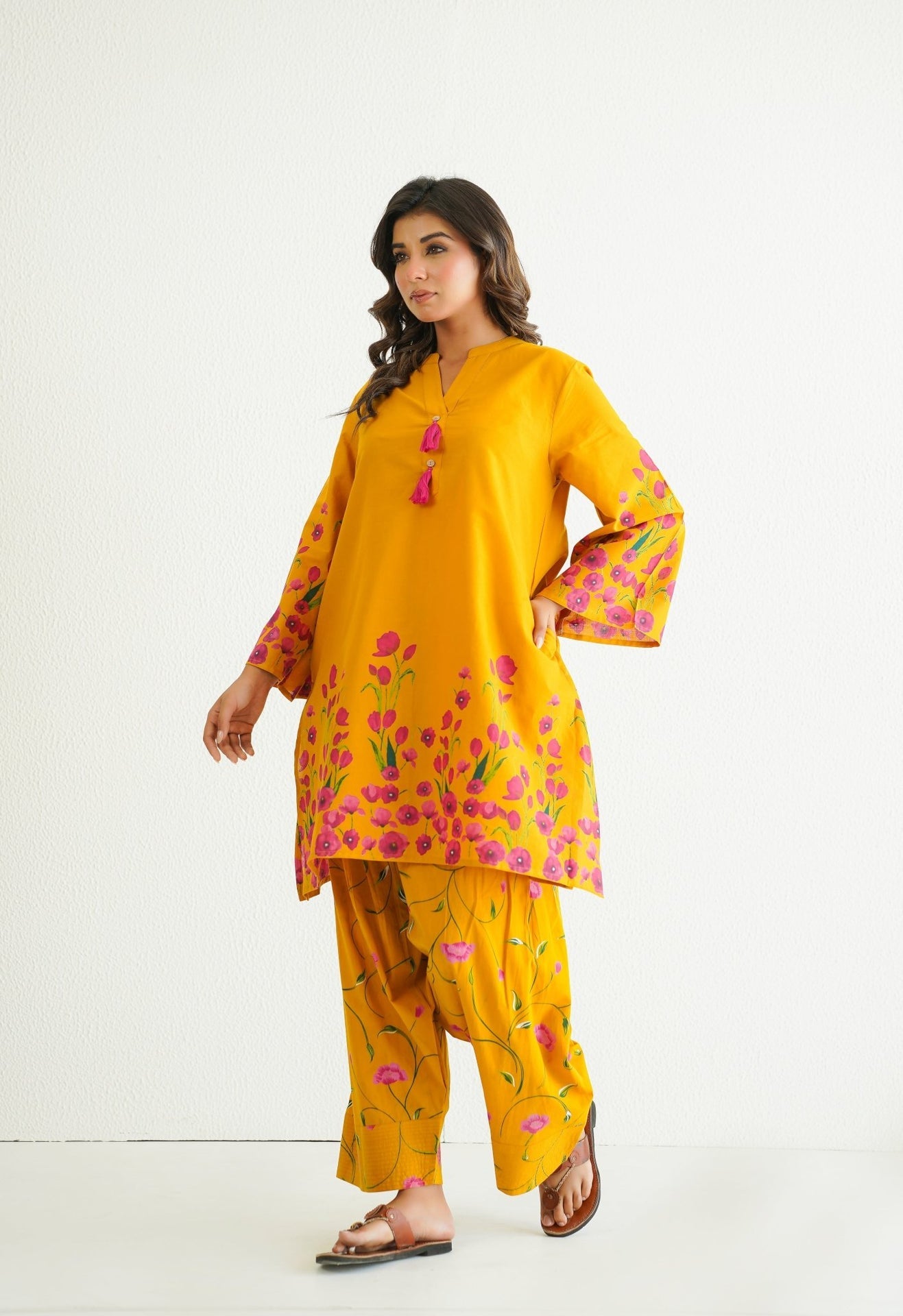 YELLOW FLORAL PRINTED CO - ORD SET WITH FARSI SALWAR PANTS - Tara - C - Tara