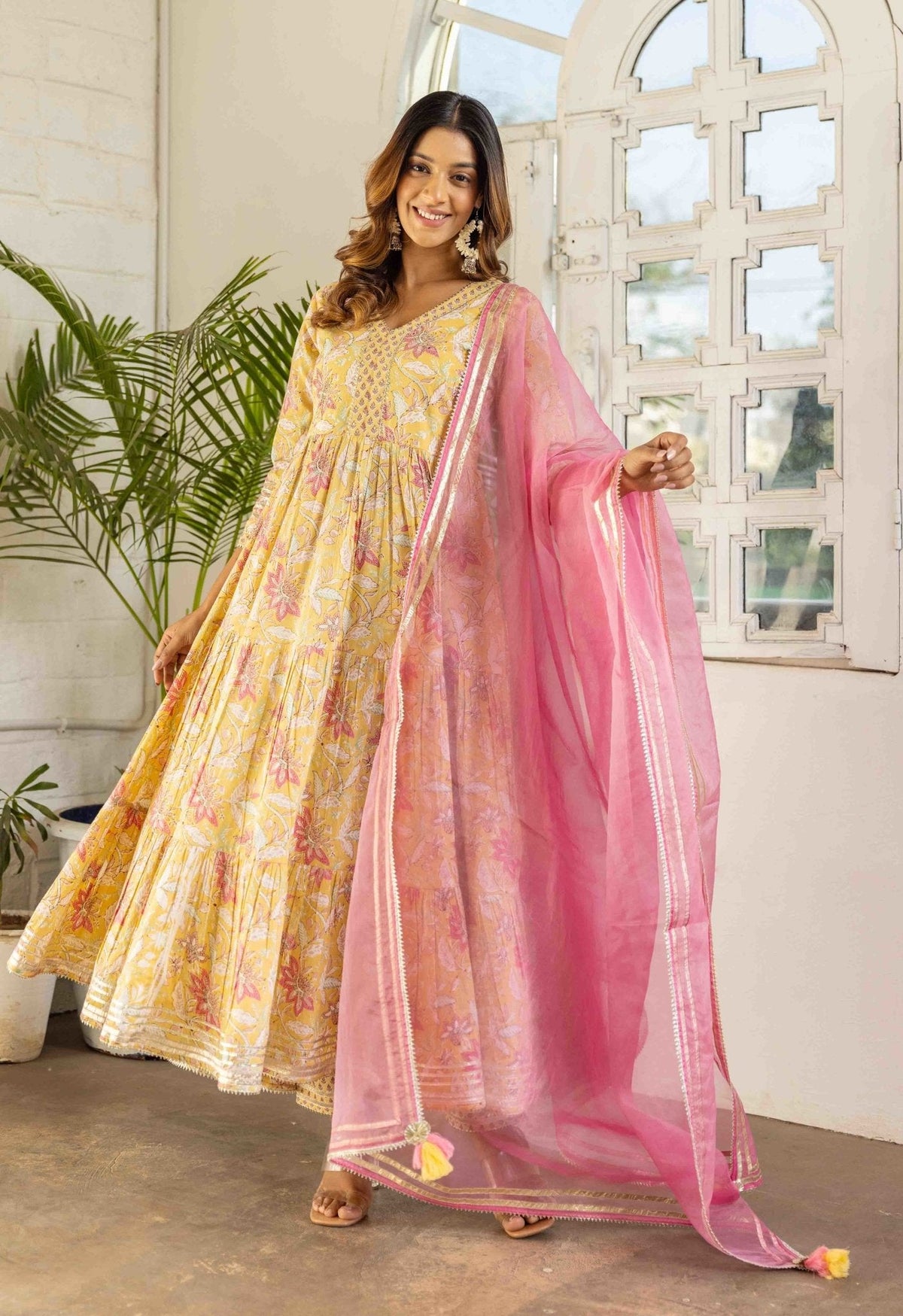 Yellow floral printed tiered kurta with pants and organza dupatta (3pc set) - Tara-C-Tara