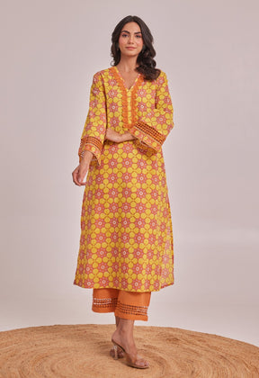 Yellow Geometrical Hand Block Printed Coord Set - Tara - C - Tara