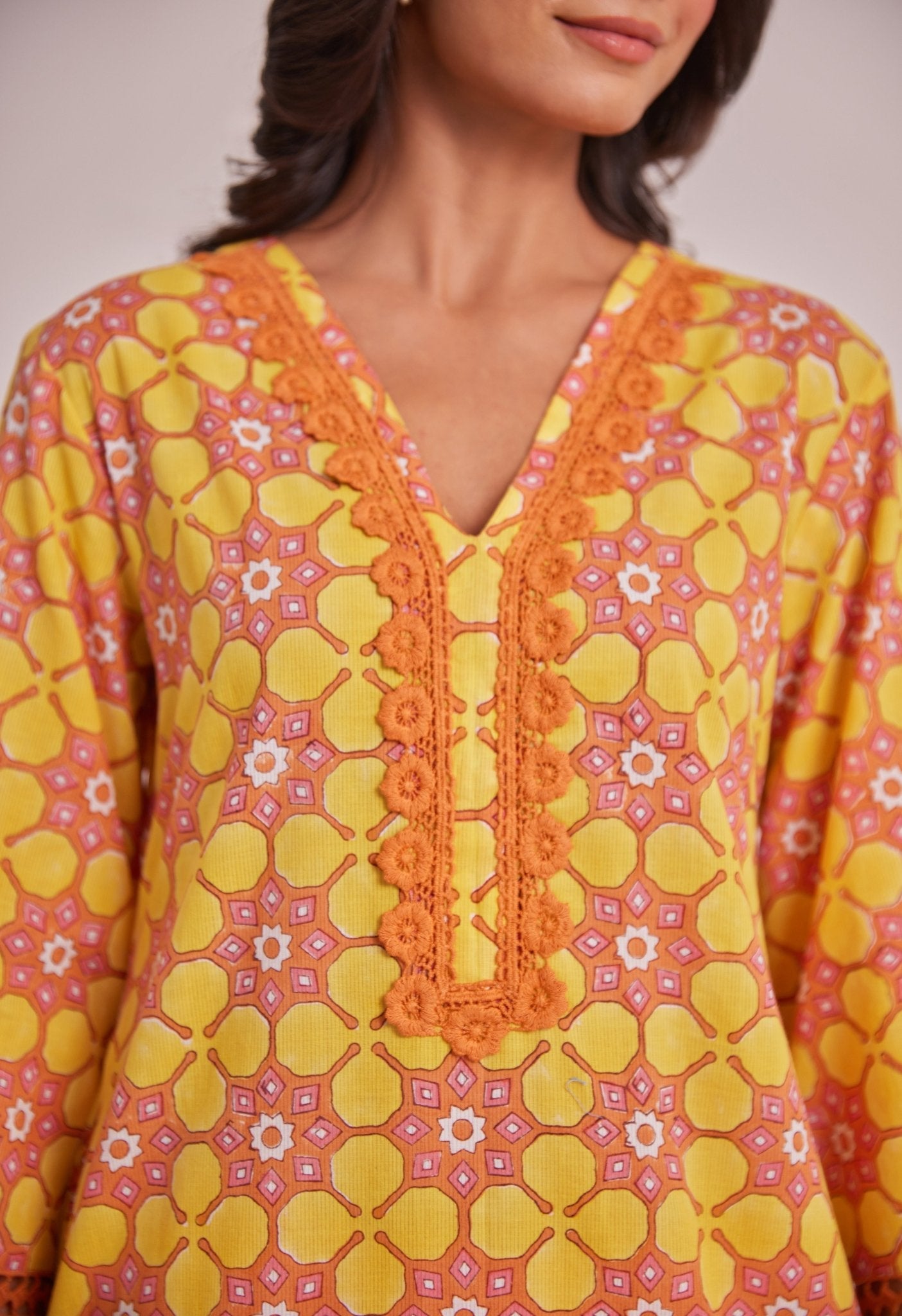 Yellow Geometrical Hand Block Printed Coord Set - Tara - C - Tara