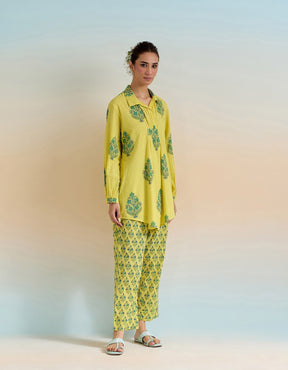 YELLOW GREEN FLORAL HAND BLOCK PRINTED COORD SET - Tara - C - Tara