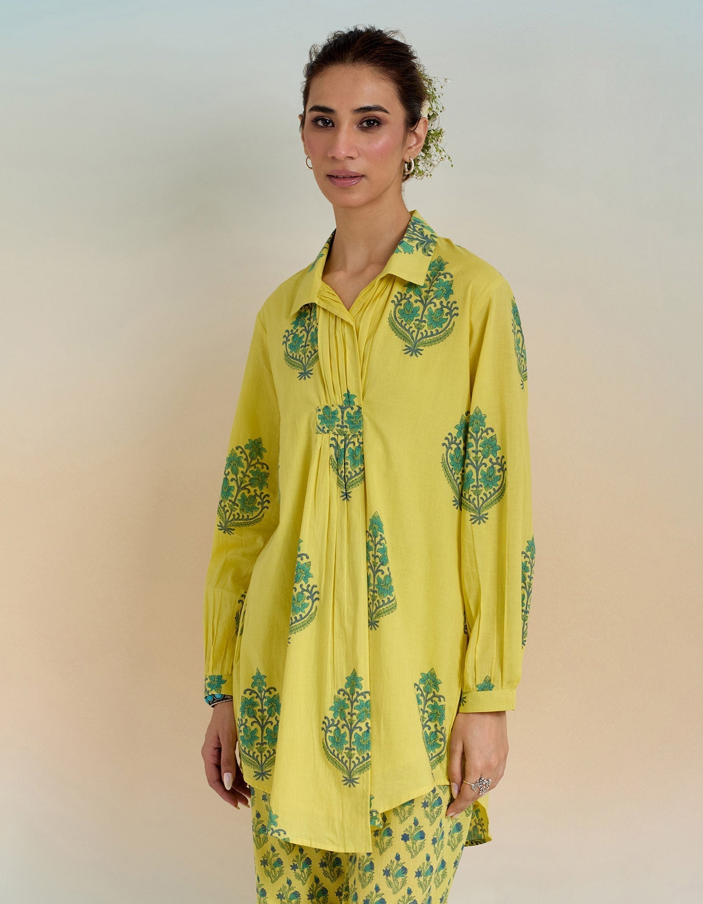 YELLOW GREEN FLORAL HAND BLOCK PRINTED COORD SET - Tara - C - Tara