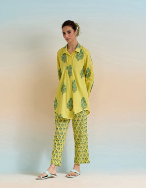 YELLOW GREEN FLORAL HAND BLOCK PRINTED COORD SET - Tara - C - Tara