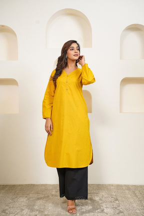 Yellow Premium Cotton Long Kurta - Tara - C - Tara