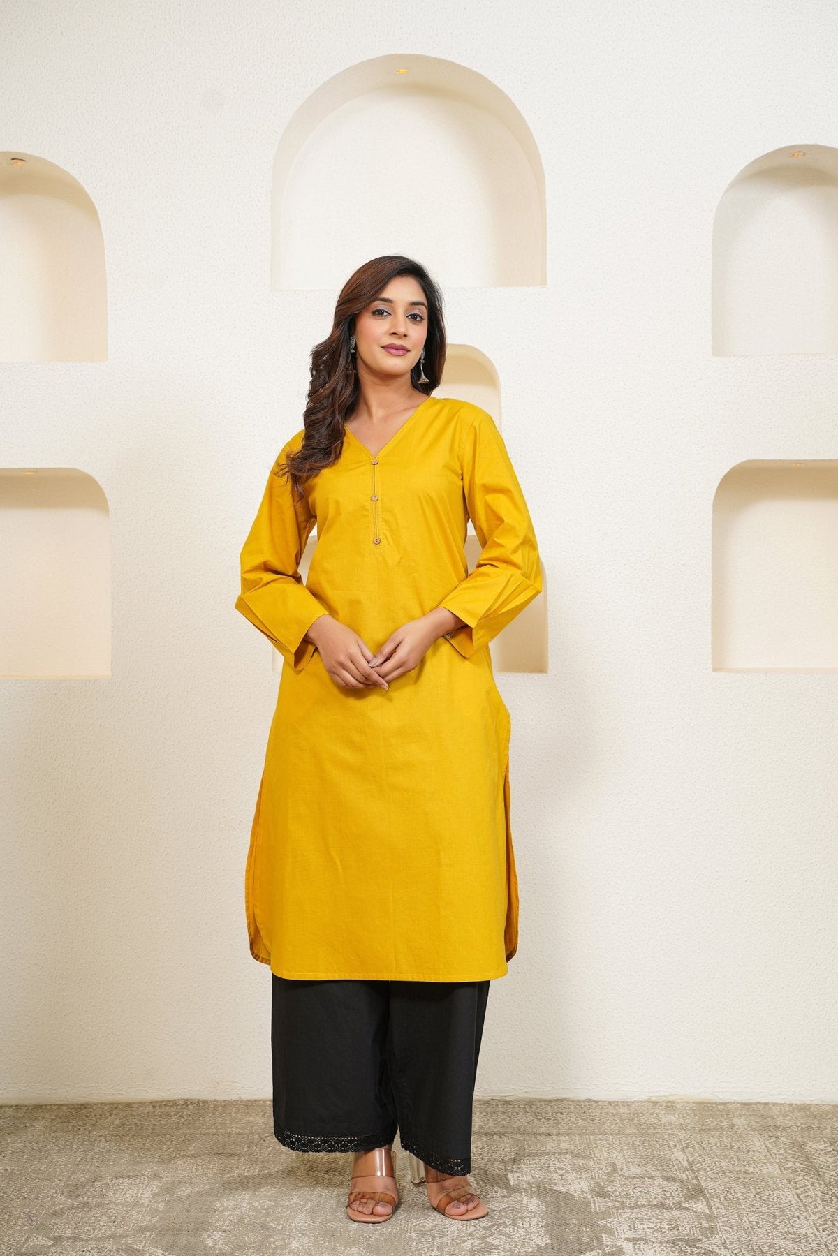 Yellow Premium Cotton Long Kurta - Tara - C - Tara