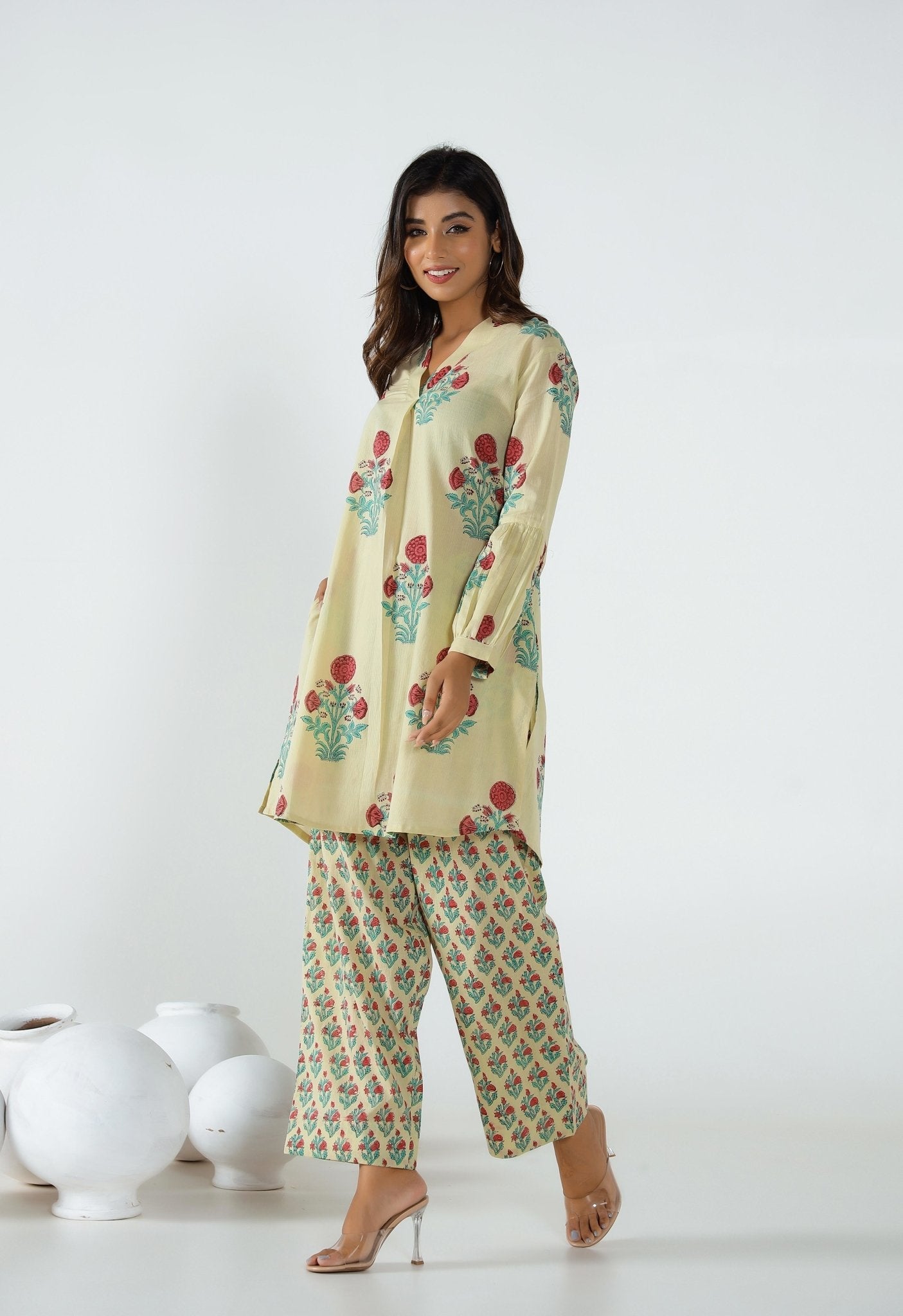 Beige Hand Block Printed Floral Co-ord Set (2pc) - Tara-C-Tara