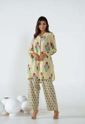 Beige Hand Block Printed Floral Co-ord Set (2pc) - Tara-C-Tara