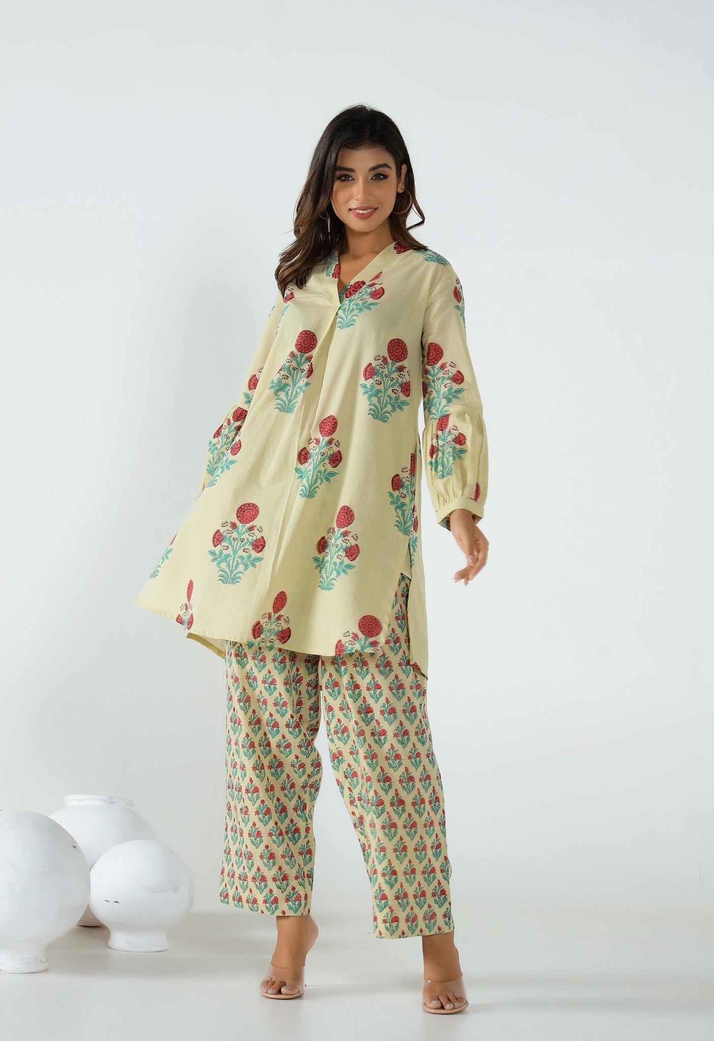 Beige Hand Block Printed Floral Co-ord Set (2pc) - Tara-C-Tara