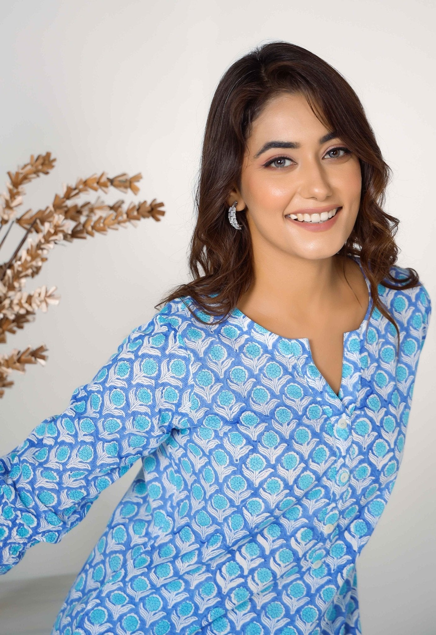 Blue Floral Buti Hand Block Printed Co-ord Set (2pc) - Tara-C-Tara