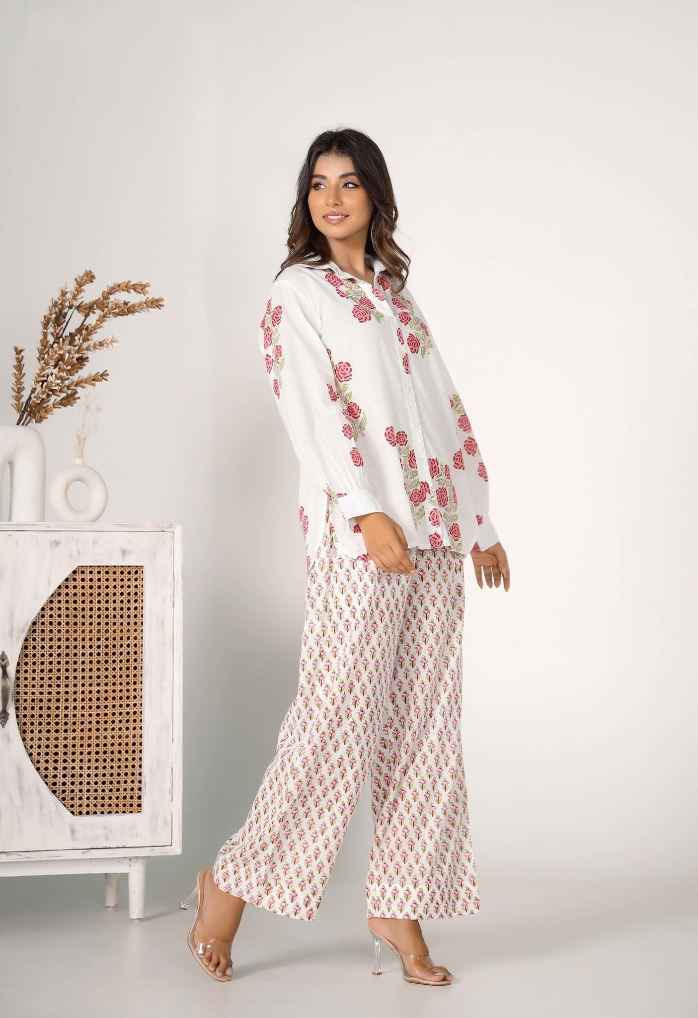 Red Rose Hand Block Printed floral Co-ord Set (2pc) - Tara-C-Tara