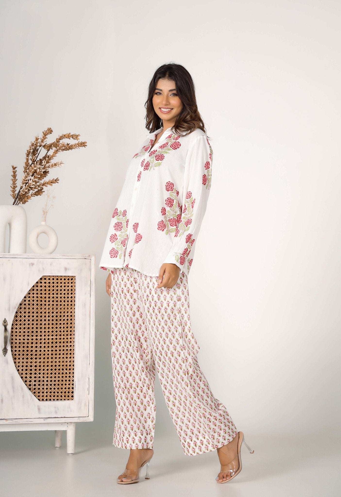 Red Rose Hand Block Printed floral Co-ord Set (2pc) - Tara-C-Tara